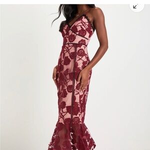 Lulu's Alluring Dream Burgundy Floral Lace Midi Dress